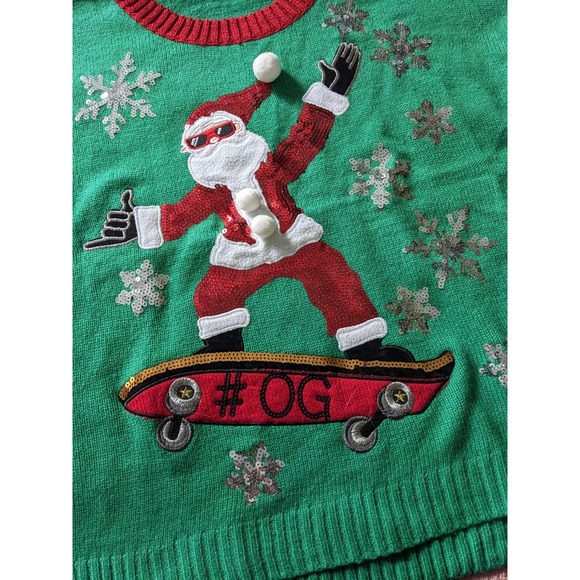 Ugly Christmas Sweater Sweaters - Ugly Sno Board Christmas Green Santa Sweater LG 22" Pit2Pit Free Shipping Cute!
